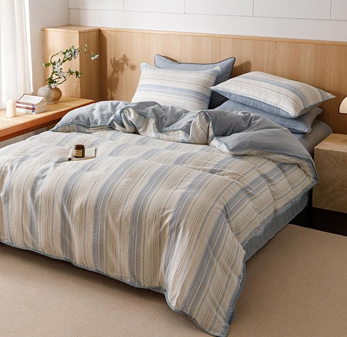 VM VOUGEMARKET Pinstripes Duvet Cover Set Queen 3 Pieces Muslin Cotton Bedding Set with Zipper Closure,Blue White Stripes Duvet Cover Queen Size(No Comforter)