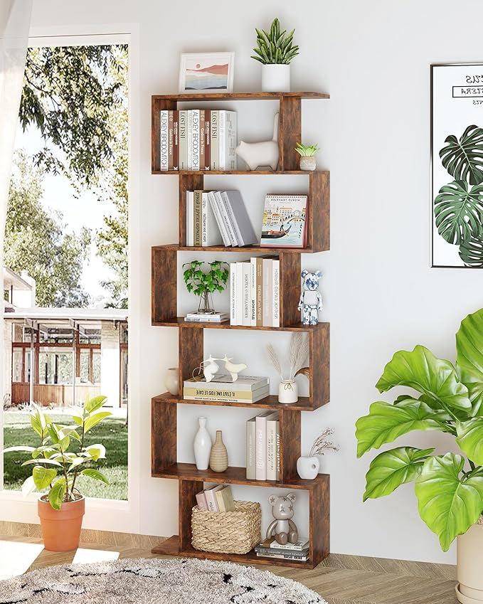 Yusong Geometric Bookcase, Bookshelf 6-Tier S Shaped Book Shelves for Bedroom, Modern Wood Decorative Display Shelf Tall Book Case for Home Office, Rustic Brown