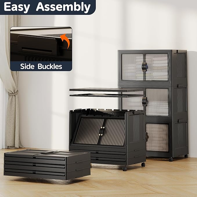JONZEN 48Qt Stackable Storage Bins with Lid, 12GAL Collapsible Storage Bins with Wheels, Closet Organizer and Storage Drawer, Plastic Clothes Storage Cabinet Containers for Home Garage, 1Pack Black