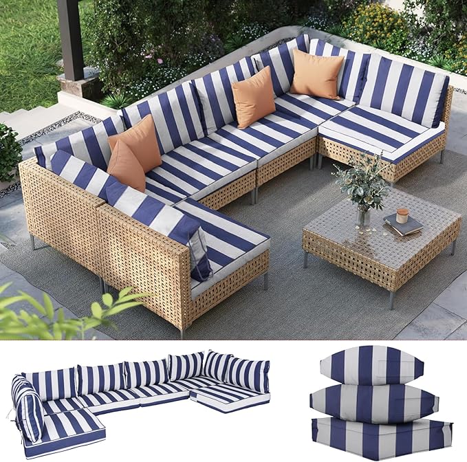 Outdoor Furniture Replacement Cushions, 14 Pcs Water-Resistant Replacement Sofa Cushion for Patio Garden Porch (Liner&Cover,Only Cushion No Sofa) (Blue & White Stripes)