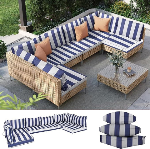Outdoor Furniture Replacement Cushions, 14 Pcs Water-Resistant Replacement Sofa Cushion for Patio Garden Porch (Liner&Cover,Only Cushion No Sofa) (Blue & White Stripes)