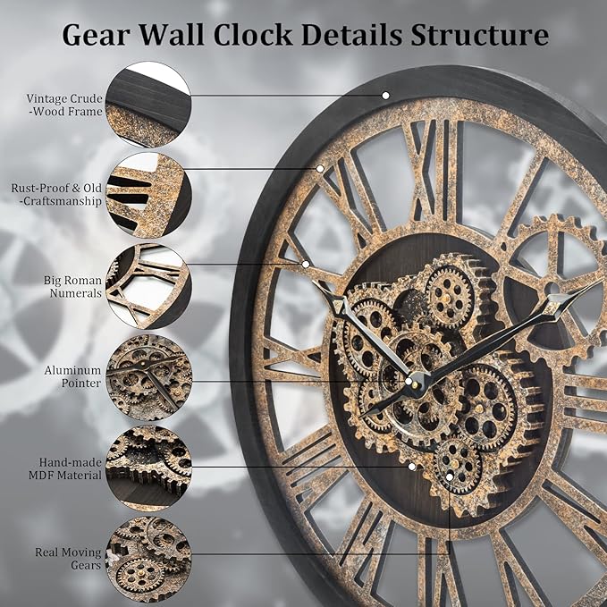 HOIBAI Wall Clock for Living Room Decor, Large, 24 in (60cm), Moving Gear, Farmhouse Vintage Industrial Oversized Wall Clock