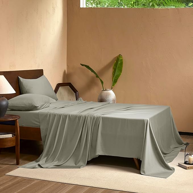 EVERLY Full Sheets Set Luxuriously 400 Thread Count Organic Rayon Derived from Bamboo Bed Sheet Set,Cooling Sheets for Full Size 4 Piece Deep Pockets Bedding Sheets& Pillowcases-Light Grey