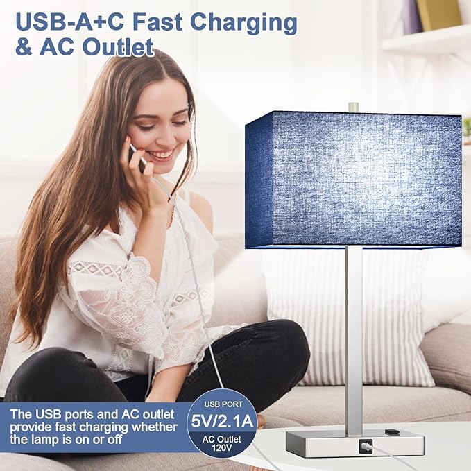 21" Touch Bedside lamps with 2 USB & AC Outlets, 3-Way Dimmable Bedside Table Lamps Set of 2 for Bedroom Living Room Office Reading, Blue Shade Lamps for Night Stands, 5000K LED Bulbs Included
