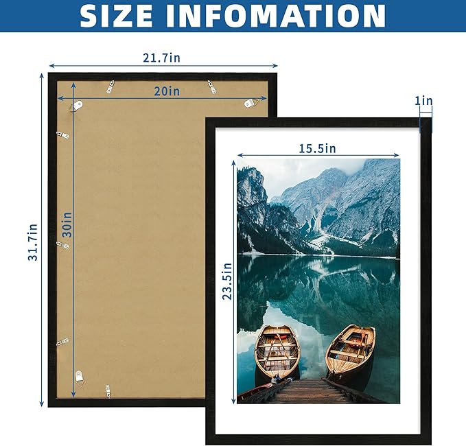 20x30 Frame Set of 2, Rustic Black Wood Style - Display 16x24 Picture with Mat or 20 x 30 Poster without Mat, Wall Mounting Horizontal and Vertical