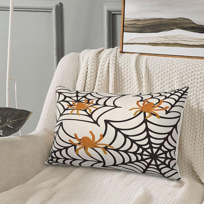 Black Spider Web Pillow Covers 12x20 inches Set of 2 Halloween Decorative Throw Pillow Covers Halloween Decor Spider Farmhouse Linen Cushion Case for Home Sofa Couch Outdoor Decoration