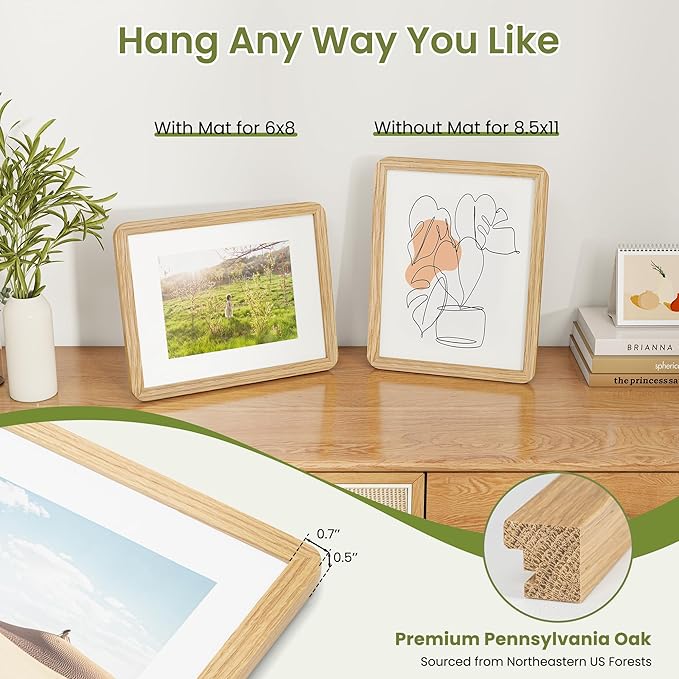 8.5x11 Round Corner Picture Frame, Solid Oak Wood Frame Matted For 6x8 With Plexiglass, Hanging Hardware Included For Tabletop Or Wall Display Frame, Natural Oak, 3 Pack