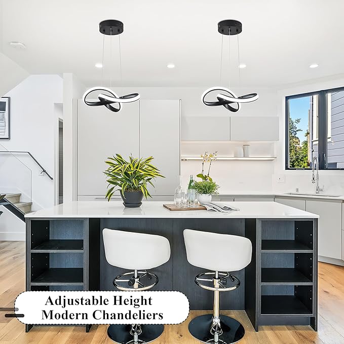 LED Chandelier Modern Pendant Light Fixture Simple Irregular Streamline Ring Light Black with 4500K and 59in Height Adjustable Hanging Lamp for Kitchen Island Hallway Foyer Closet Corridor