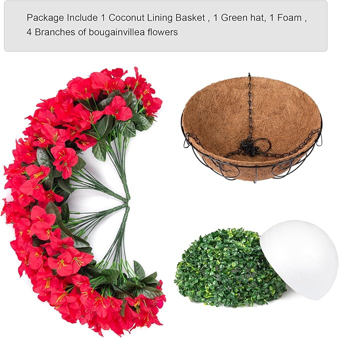 Artificial Fake Hanging Flowers for Outdoors with Basket Faux Plants Silk Bougainvillea Flower in Planter Look Real UV Resistant Faux Flower for Outside Porch Patio Garden Yard Home Decor, Red