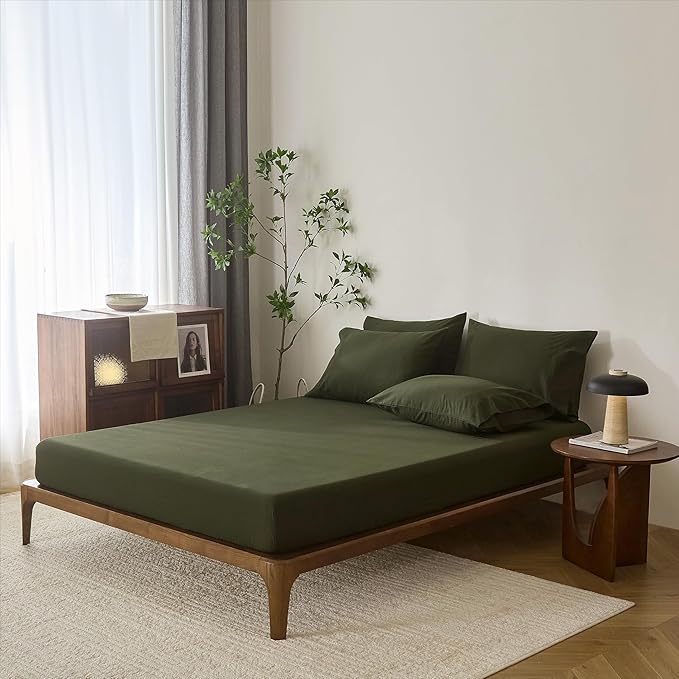 100% Cotton 6-Piece Queen Size 102" x 90" Bedding Set - Fitted Sheet, Flat Sheet & 4 Pillowcases with 17" Deep Pocket,Soft Breathable Bed Sheets for Cozy Sleep,Olive Green