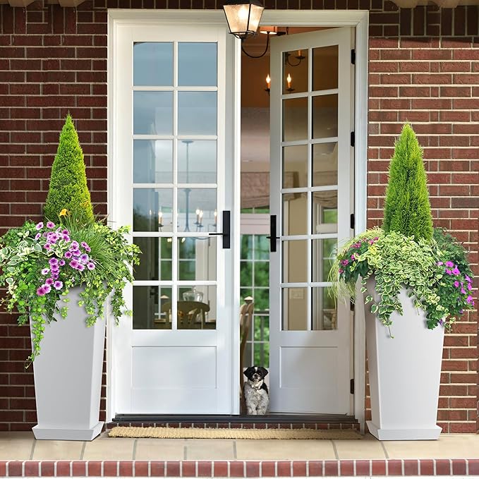 Elevens Set of 2 Tall Outdoor Planters 24 Inch, Large Planters for Indoor Outdoor Plants, Tapered Square Flower Pots with Tray for Patio,White