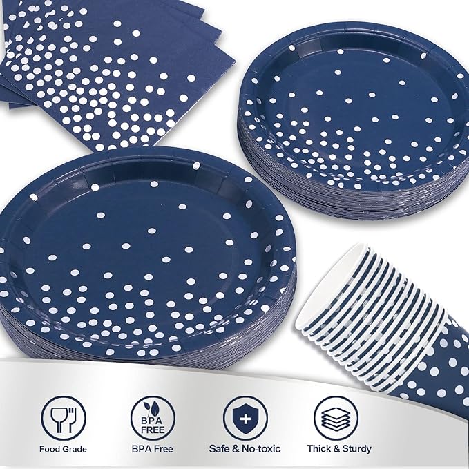 200 Navy Blue Plates and Napkins Party Supplies - Serve 50 Guests, Blue and Silver Birthday Plates Disposable for Wedding Anniversary Retirement Graduation Decorations