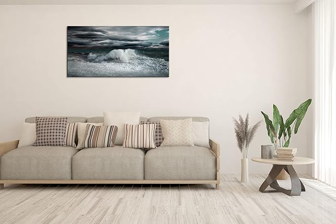 Ocean Storm Waves Large Stretched Canvas Wall Art For Living Room Bedroom Home Decoration, Mordern Sea Seascape Print Picture Painting Decor Giclee Artwork, Gallery Wrapped Gift, Inner Frame(30x60)