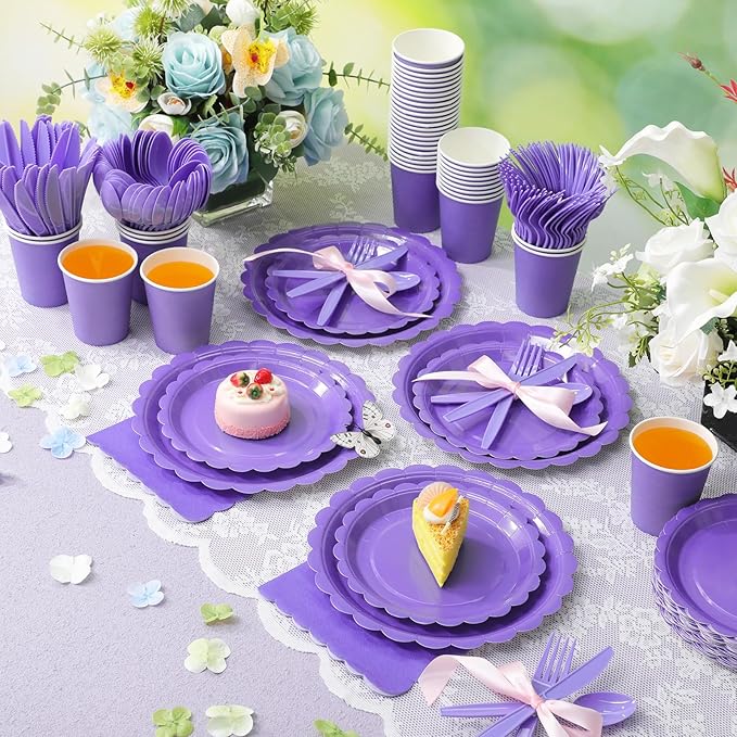 350 Pcs Purple Plates and Napkins, 50 Guest Lavender Party Supplies Include Scalloped Paper Plates Napkins Cups Plastic Spoons Forks Knives Disposable Tableware Set for Baby Shower