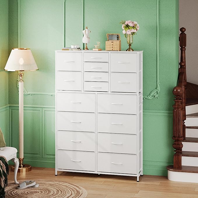 WLIVE Tall Console Table with 16 Fabric Drawers, Entryway Table with Storage, Large Storage Organizer with Wood Top, Steel Frame for Living Room, Hallway, Office, White