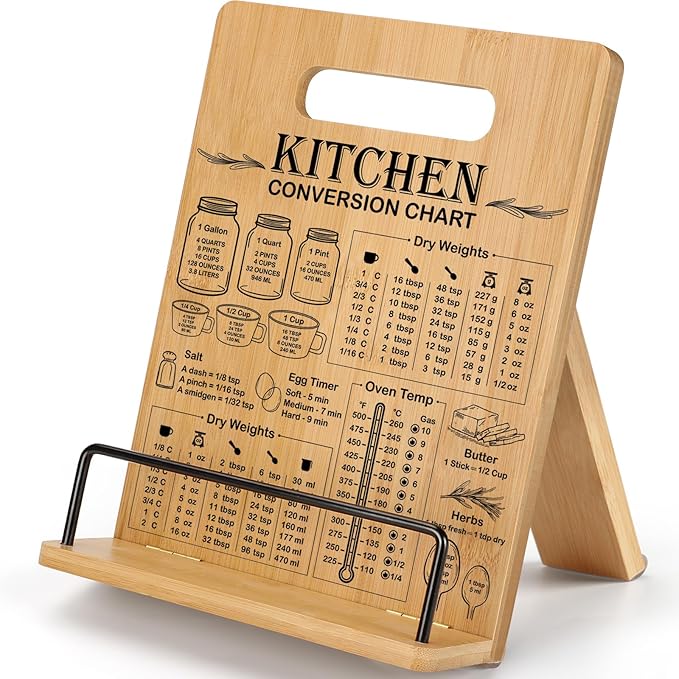 Bamboo Cookbook Stand for Kitchen Counter, Recipe Book Holder with Measurement Conversion Chart, Adjustable Cookbook Holder, Essential Accessories for Holding Cookbooks