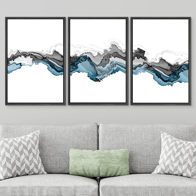 SIGNWIN Framed Canvas Print Wall Art Set Black Blue Smoke Wave Landscape Abstract Shapes Illustrations Modern Art Decorative Contemporary Colorful for Living Room, Bedroom, Office - 24"x36"x3 Black
