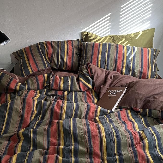 VM VOUGEMARKET Red Green Stripes Duvet Cover Twin XL Boho Farmhouse Style Washed Cotton Multi-Color Striped Bedding Set for Teens 1 Duvet Cover with 2 Pillowcases