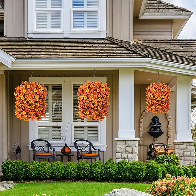 Artificial Fall Hanging Flowers Plants with Baskets for Outdoor Decoration,Fake Faux Silk Morning Glroy Flowers Arrangement Planter for Home Indoor Outside Porch Patio Decor