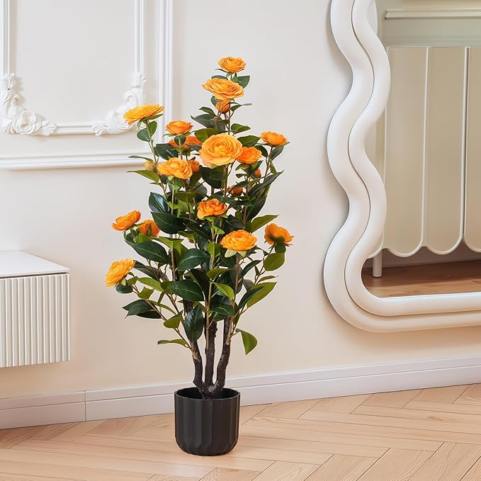 3.2FT Artificial Camellia Trees, Orange Silk Flowers, Indoor Faux Plants with Realistic Trunk in Black Cement Pot for Home House Living Room Bedroom Office Decor, 2pcs