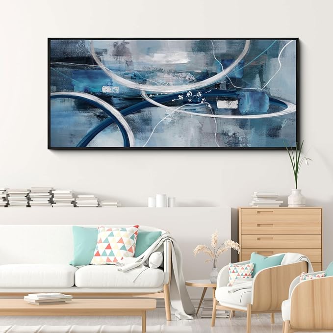 XLSJERST Large Abstract Canvas Wall Decor - Modern Living Room Wall Art Elegant Combination of Tones Black and White Gray Background Blue Gradient Picture
