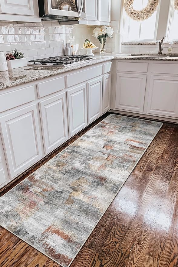vivorug Grey Runner Rug 2x10 Machine Washable Rug with Non-Slip Backing, Ideal for Kitchen Hallway Entryway Laundry Room - Modern Abstract, Durable, Easy Clean, Low Pile Carpet Runner