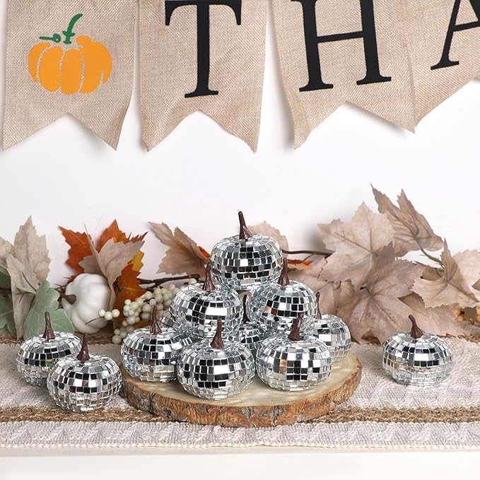 winemana 12 Pack Silver Pumpkin Fall Decor, Foam Glitter Pumpkins for Decorating Mini Artificial Craft Pumpkins for Thanksgiving Table Party Harvest Decorations