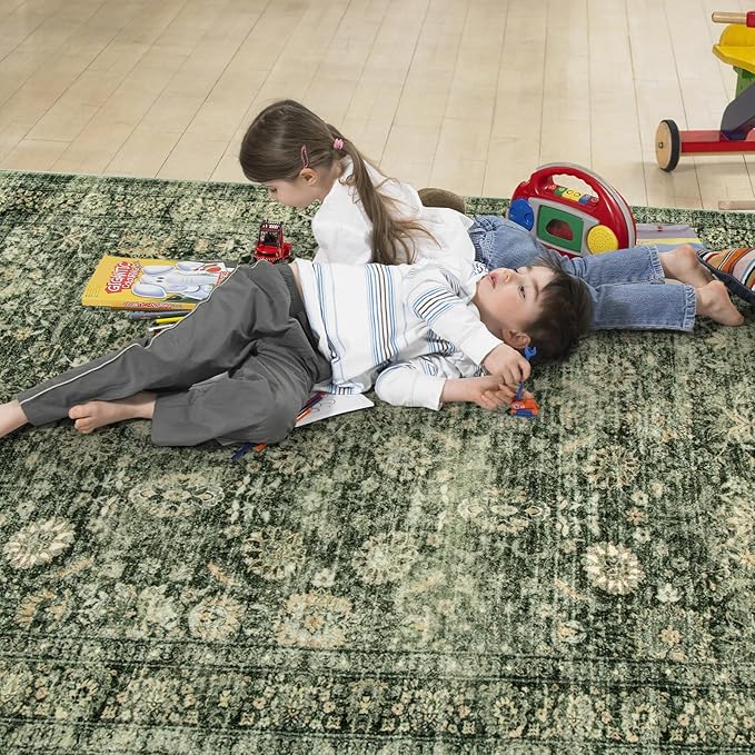 Morebes Area Rug 4x6 Vintage Washable Boho Rugs for Bedroom, Soft Living Room Carpet Non-Slip Non-Shedding Faux Wool Rug for Farmhouse Dining Room Indoor Kids Playroom, Grayish Green