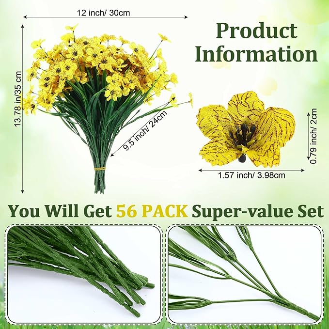 Zeyune 56 Bundles Artificial Flowers Fake UV Resistant for Outdoor Plastic Greenery Shrubs Plants No Fade Faux Flower for Garden Porch Patio Window Wedding Party Decor (Yellow,Bright)