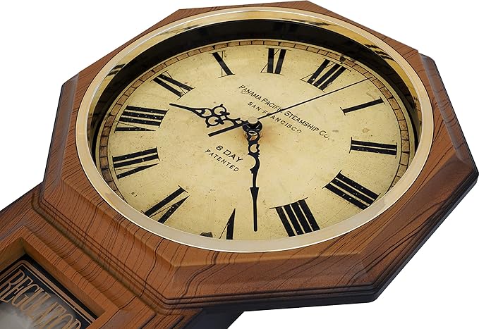 JUSTIME Traditional Schoolhouse Classic Vintage Roman Regulator Wall Clock, Chiming Wall Clocks with Pendulum & Westminster Chime Hourly, Schoolhouse Wall Decor Battery Operated (Light Wood Grain)