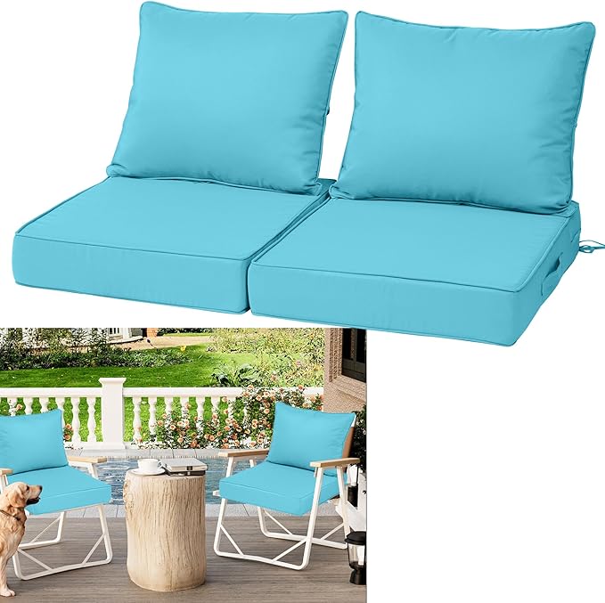Outdoor Deep Seat Cushions for Patio Furniture Set of 2, Waterproof Outdoor Chair Cushions 24 x 24 x 4'' Patio Furniture Cushion with Fade Resistant Removable Cover, Handle & Straps, Lake Blue