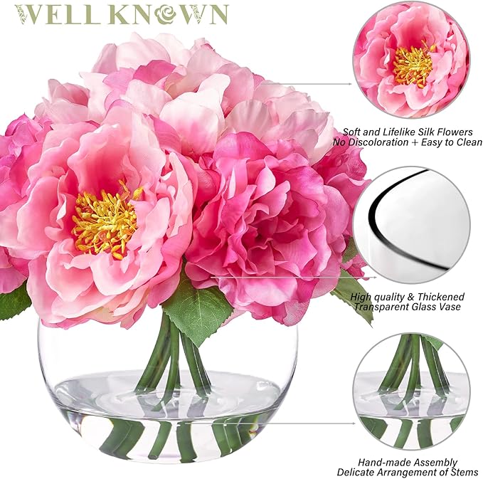 WELL KNOWN Artificial Flowers in Vase, Peonies Artificial Flowers for vase with Faux Water for Coffee Table Decor, Silk Fake Flower Arrangements Peonies Table Centerpieces (Peach Pink)