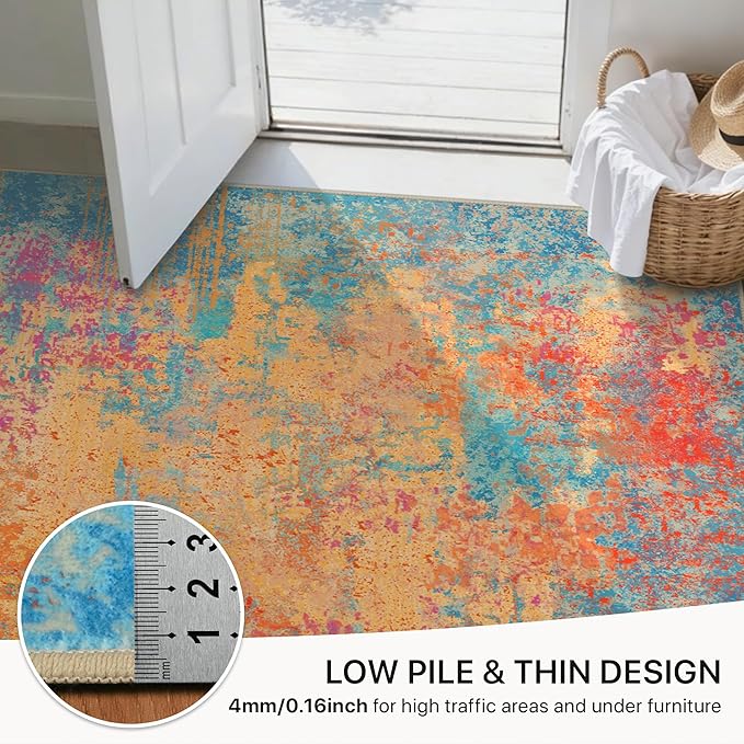 GENIMO 8x10 Washable Area Rugs for Living Room Bedroom, Modern Abstract Low Pile Soft Non Slip Rug, Contemporary Indoor Floor Carpet Cover for Dining Room Kitchen, Coral Orange