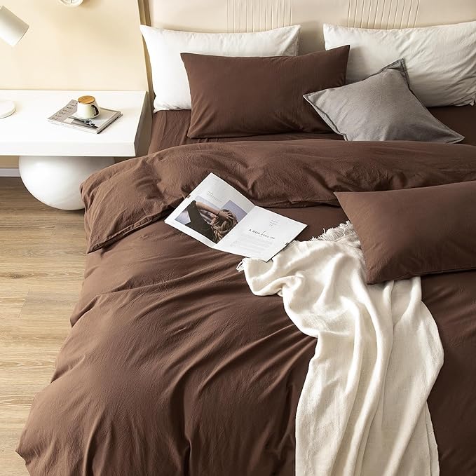 JIYUAN 100% Washed Cotton Duvet Cover Set 3 Pieces Super King, 1 Duvet Cover 108x98 Inches(Comforter Not Included) and 2 Pillowcases,Linen Feel Bedding Set Comfy and Breathable,Chocolate Brown
