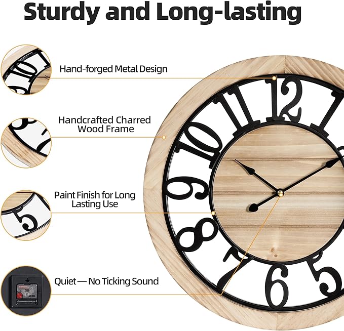 Maxstar 16'' Wall Clock for Living Room Decor, Ultra-Silent Rustic Wooden Farmhouse Wall Clock with Metal & Real Wood Frame, Battery Operated, for Kitchen Bedroom Office, Arabic Numerals