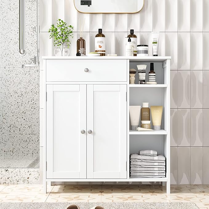 Irontar Bathroom Cabinet with Doors, Bathroom Floor Cabinet with Drawer & Adjustable Shelf, Kitchen Cupboard Storage for Living Room, Entryway, White