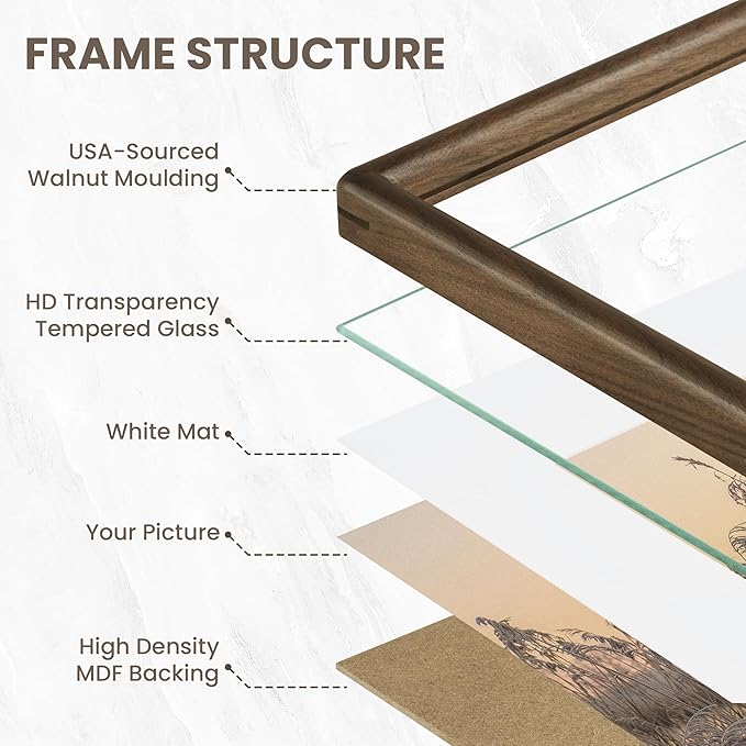 12x16 Picture Frame - Solid Walnut Wood Picture Frames with HD Tempered Glass, Handcrafted Rounded Corner 12 x 16 Wooden Frame Matted to 8.5x11 Photos, Horizontal or Vertical Wall Display, 1 Pack