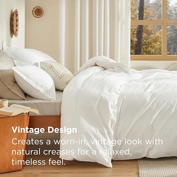 Bedsure 100% Stone Washed Cotton Duvet Cover Queen Size - White Minimalist Cotton Duvet Cover Linen Like for All Seasons - GentleSoft™ Plain Simple Bedding, 3 Pieces (White, Queen, 90"x90")
