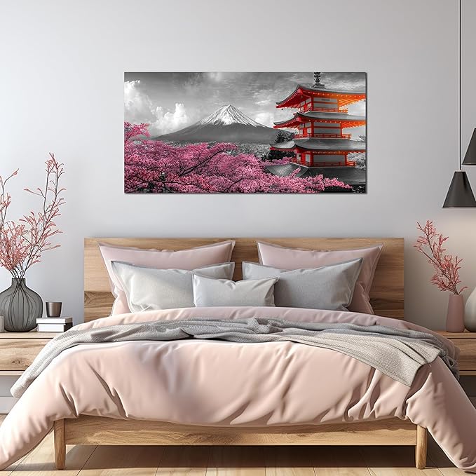 Mount Fuji Wall Art for Living Room Japanese Wall Decor for Bedroom Cherry Blossom Canvas Wall Art for Dining Room Size 24 x 48 Inch