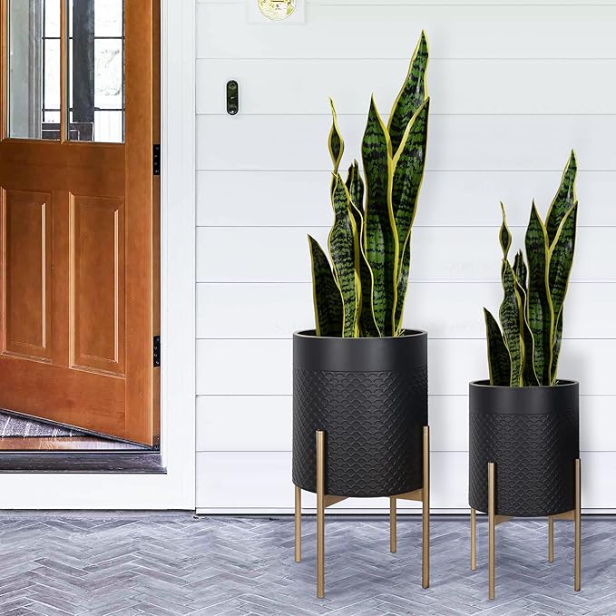 Oakrain Planters for Indoor Plants, Set of 2 Mid Century Modern Planter with Stand, Decorative Metal Planter Pots for Living Room, Office, Garden or Balcony, Black, 10"&12"