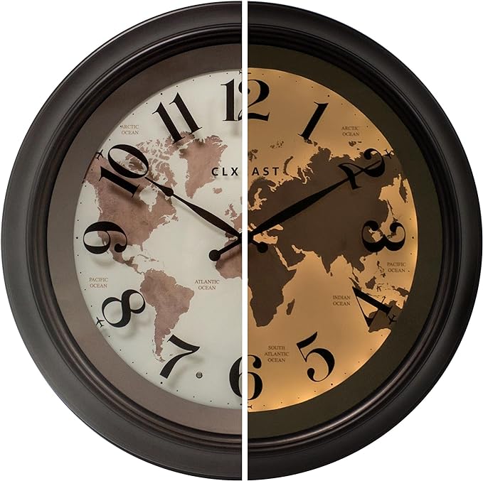 CLXEAST 18 Inch Illuminated Wall Clock with Smart LED Light Sensor, Large Modern World Map Wall Clocks for Living Room Decor,Oil Rubbed Bronze,Unique House Warming Gifts