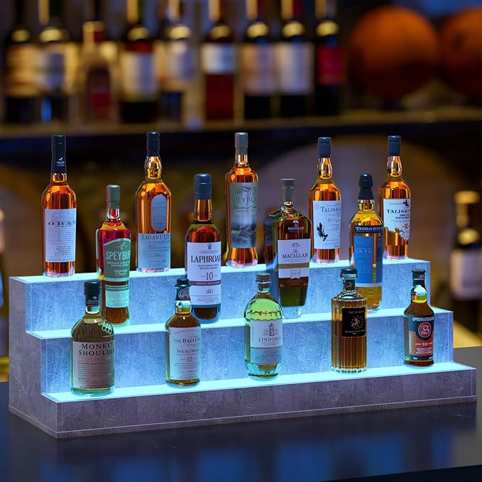 LED Lighted Liquor Bottle Display Shelf, 38 Inch Bar Display Shelf, DIY Illuminated Bottle Shelf with App & Remote Control, 3 Step Freestanding Holding Bottles for Home Bar, Party, Grey