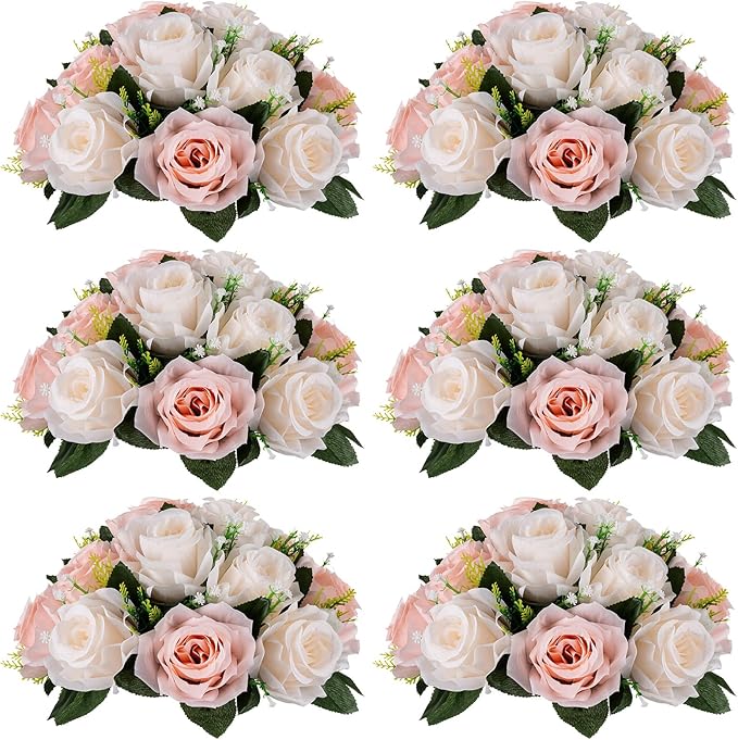 NUPTIO Flower Balls for Wedding Centrepieces - 6 Pcs 9.5in Diameter Artificial Flower Ball Arrangement Bouquet Peachy Pink & Creamy White Fake Rose Flowers Party Centerpieces for Weddings Tables
