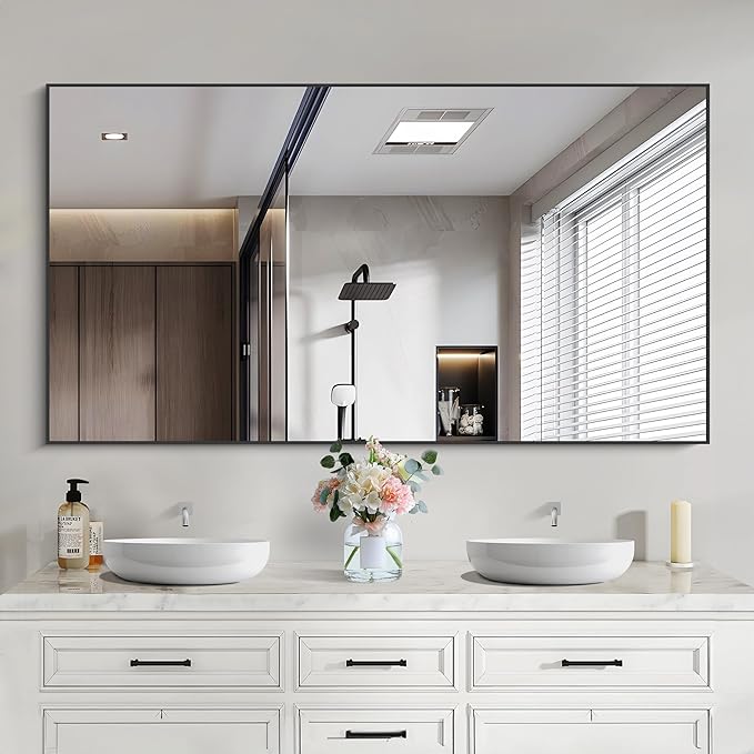 Black Bathroom Mirror for Wall, 55x30 Inch Rectangle Mirrors with Metal Frame, Modern Vanity Wall Mirror Decor for Bathroom Living Room, Entryway Hangs Horizontal or Vertical