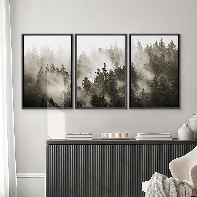 SIGNWIN Framed Canvas Print Wall Art Woodland Nursery Decor Set Duotone Blue Misty Pine Tree Forest Nature Modern Art Rustic Landscape Colorful for Living Room, Bedroom, Office - 24"x36"x3 Black