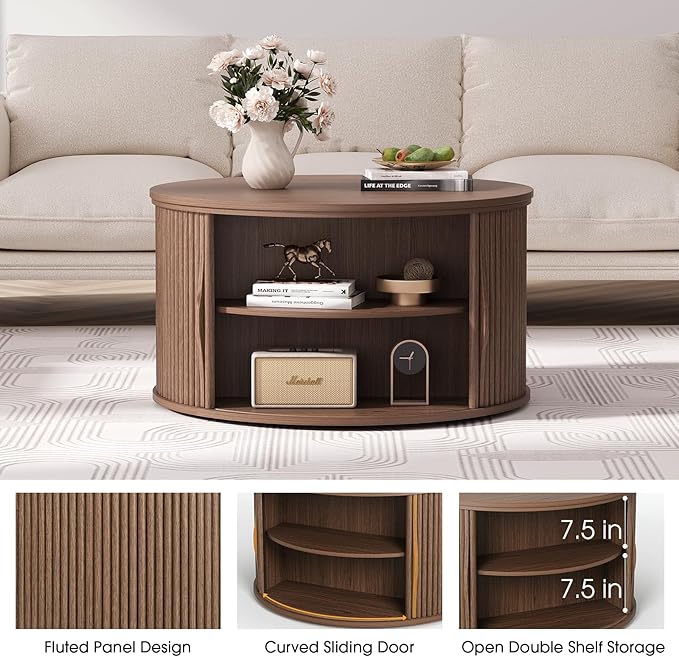 Lift Top Coffee Table,31.5” Mid Century Modern Center Table with Hidden Storage,Round Fluted Coffee Tables for Living Room, Home Office,Walnut