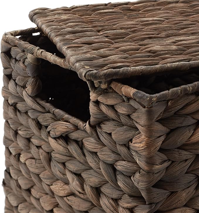 Casafield Set of 3 Water Hyacinth Storage Baskets with Lids, Espresso - Small, Medium, Large Woven Nesting Bins for Bathroom, Bedroom, Closets, Shelves