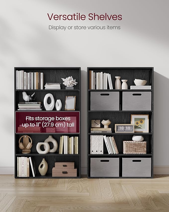 VASAGLE Set of 2 Bookshelves, 30 Inches Wide, 5-Tier Open Bookcases with Adjustable Storage Shelves, Floor Standing Units, Ebony Black ULBC175T56-2