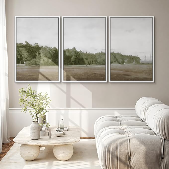 SIGNWIN Framed Canvas Print Wall Art Set Cloudy Sky Over Green Forest Clearing Nature Wilderness Illustrations Modern Art Chic Landscape for Living Room, Bedroom, Office - 24"x36"x3 White