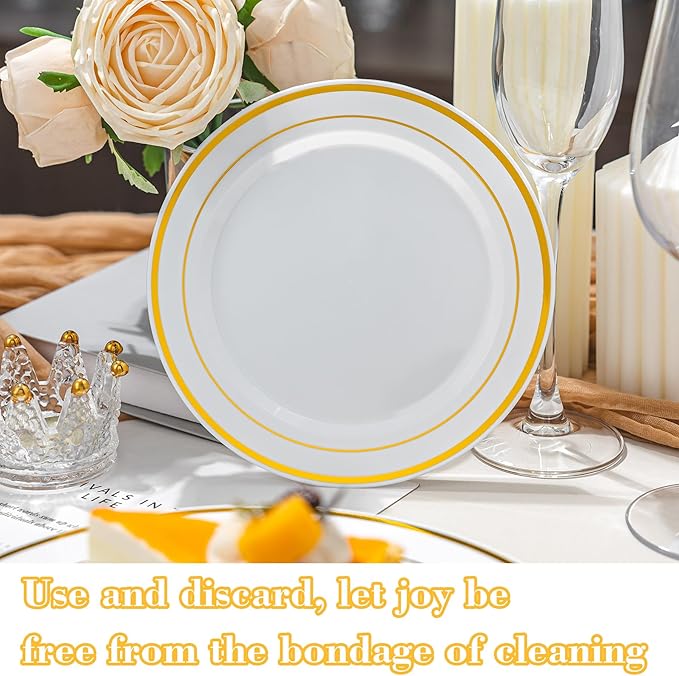 100PCS Gold Plastic Plates, Disposable Party Plates with Gold Rim, Include 50 Dinner Plate and 50 Elegant Dessert Plate for Party and Wedding